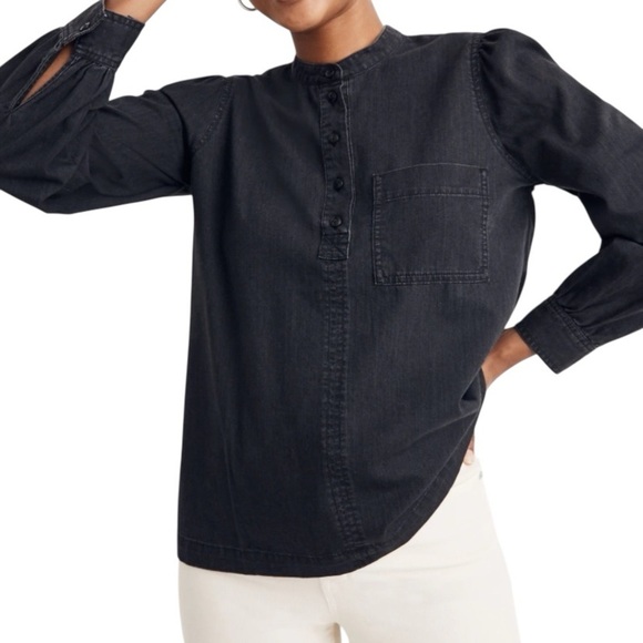 Madewell Denim Collarless Popover Shirt in Black Shrader Wash - Picture 1 of 7